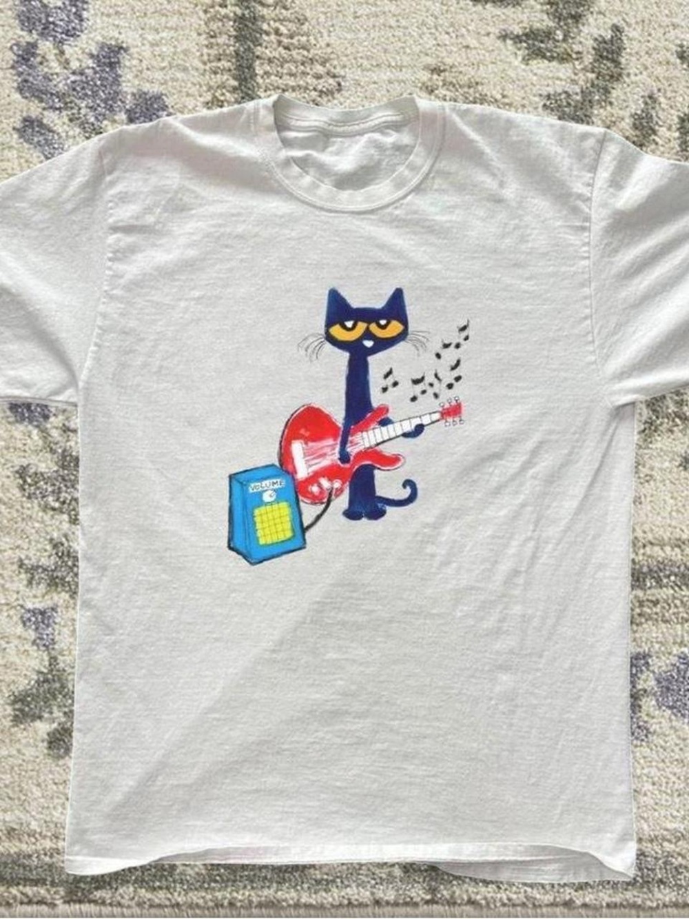 Gildan White T-Shirt with Blue Cat and Red Guitar Graphic